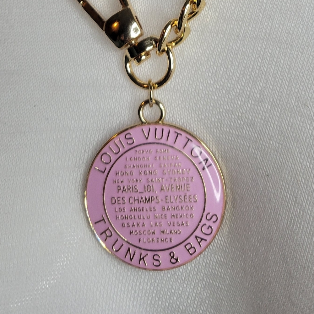 Pink/Gold Louis Vuitton Trunks Medallion Zip Pull, Chunky Chain Necklace